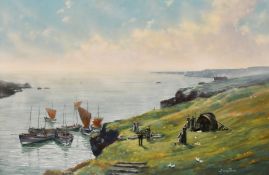 Lionel Ross (1911-1984) British, fishing boats moored in an inlet with figures waiting and a