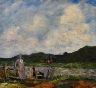 20th century school, A resting figure by a river with a village and hills beyond, oil on canvas, 14