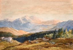 A pair of Greek landscape scenes one with woodland and mountains beyond the other of a lake with