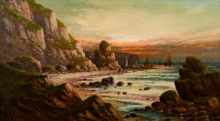 M. C. Hider (19th/20th century) British, a coastal scene with figures and boats by a rocky headland,