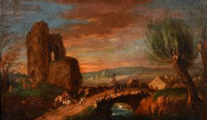 18th century continental school, a view of wayfarers on a bridge by Castle ruins, oil on canvas,