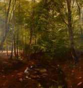 Julius Petersen (1851-1911) Denmark, Figures resting by a stream in a woodland glade, oil on canvas,
