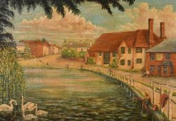Burns (20th century) British, A View of a town pond with swans and figures, oil on board, signed,