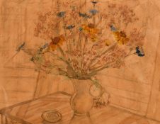 English school, still life of mixed flowers in a jug, watercolour, indistinctly signed, 8