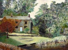 20th century, A country cottage with a stream in the foreground, oil on board, 9