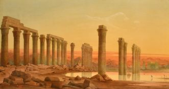 W. C. Way, circa 1872, A view of Egyptian style columns by a lake with mountains beyond, watercolour