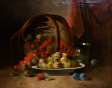 Ludwig Hauser (19th century), A pair of still life paintings of mixed fruit in an interior
