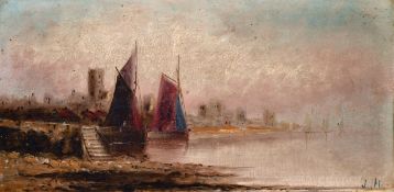 Early 20th century, Boats moored by a port with buildings beyond, oil on board, signed with initials