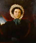 19th century English school, A half length portrait of a lady in a bonnet, oil on canvas, 30