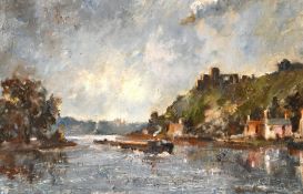 20th century school, a barge on a river with castle ruins beyond, oil on board, 18