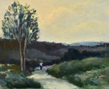 H.E. Lewis (20th century) British, Figures on a pathway at dusk,
