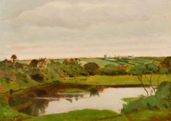 Robert Morson Hughes (1873-1953) British, A tree lined lake with buildings on the horizon, oil on