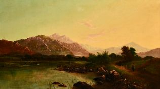 Attributed to Edwin Henry Boddington (1836-1905) British, figures on a path by a river with