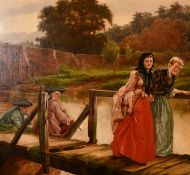 Alfred Walter Bayes (1831-1909) British, Figures on a jetty with a bridge beyond, oil on canvas,