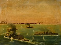 J. Kirk, October 1914, A scene of battleships in a harbour, inscribed verso, 'H.M.S Attentive.