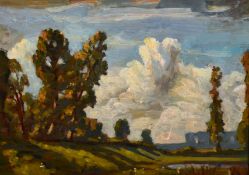 John Brown (1887-1966) British, A tree lined landscape on a summers day, oil on board, signed with