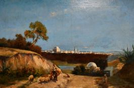 19th century continental school, figures and sheep on a pathway by a river with a town, possibly