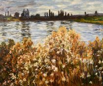 20th century a Lakeside landscape with wildflowers in the foreground, oil on canvas, indistinctly