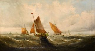 George Knight (19th century) British, Sailboats on choppy seas nearing a port, oil on canvas,
