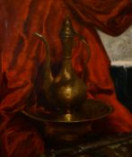 19th century school, a still life study of an Islamic jug and basin, oil on canvas, 24