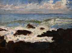 20th century school, A rocky coastline with breaking waves, oil on canvas, 10