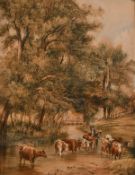 A. Newby, British school, circa 1857, A cattle drove in a stream with cottages beyond,