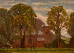 John Brown (1887-1966) British, A view of a country church, oil on board signed with initials, 10