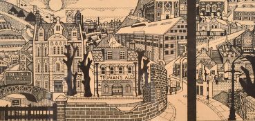 Brian Rees (b.1930) British, a city landscape including the Nelson Arms, woodblock Print, inscribed,