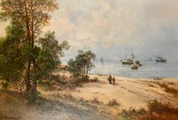Josefina Holmland (1827-1905) Danish, figures walking on a beach with ships moored beyond, oil on