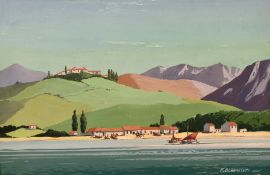 F. Bernasconi (1911-2001) British, 'Spain Near Gibraltar' a coastal scene with boats on calm