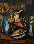 20th century continental school, a Cubist style still life composition of a pitcher, fruit and