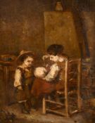 Early 20th century Continental school, An interior scene of a mother feeding her children, oil on