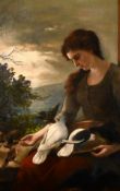 19th century school, A girl feeding doves on a terrace with a landscape beyond, oil on canvas, 23