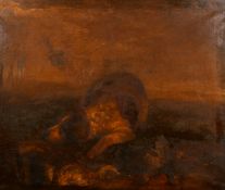 19th century school, a dog resting by gamebirds, oil on canvas, inscribed verso, 21