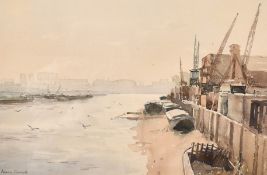 Ashton Cannell (1927-1944) British, 'CALM EVENING The Thames From Vauxhall Bridge', watercolour,