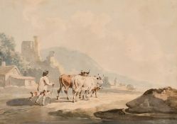 Manner of Peter La Cave (1769-1816) British, a farmer leading his cattle down a country path,