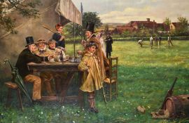 20th century English school, a scene of a village cricket match with figures conversing and a