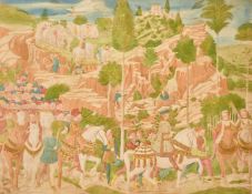 Two late 19th century medieval scenes with figures and horses in a convoy, tinted prints, both 11