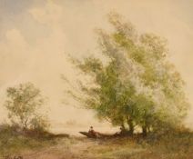 William Tatton Winter (1855-1928), 'Under the Trees', Figures in a boat by a river, watercolour,