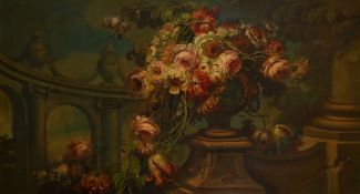 Italian school, circa 1900, A pair of still life scenes set amidst classical architecture, oil on