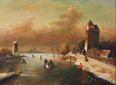 Bilderbeck (20th century), A scene of villagers on a frozen waterway with distant windmills, oil