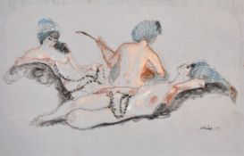 Henry Bird (1909-2000) British, A group of ladies posed as if in a harem, coloured chalks on blue