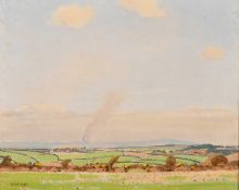Robert Morson Hughes (1873-1953) British, An extensive farmland landscape with smoke on the horizon,