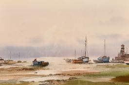 Ashton Cannell (1927-1944) British, 'September Sunset', fishing boats moored on the shoreline,