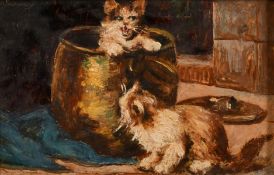 Early 20th continental school, Kittens playing in a basket, oil on panel, 3.5