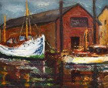 Circle of William Ludlow, an impressionist scene of a boathouse with moored boats, oil on paper, 11