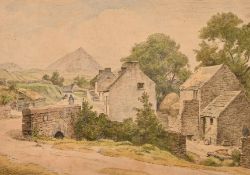 Randolph Schwabe (1885-1948) British, A scene of farm buildings with a figure crossing a bridge,