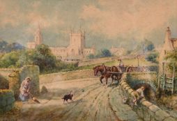 R. Macauley (19th/20th century) Scottish school, 'Dunfermline Abbey', figures on a bridge with a