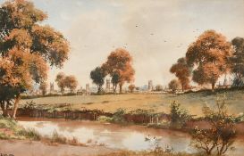 Harry Frier (1849-1919) British, Swans in a river with church spires in the distance, watercolour,