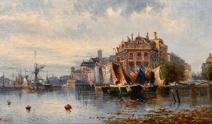 F. Herink/ Karl Kaufmann (1843/1901) Austrian, boats drying sails on a town quay, oil on canvas,